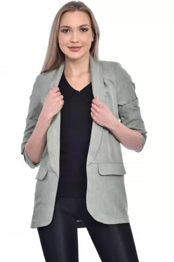Kol Büzgülü Düğmeli ve Yandan Cepli Blazer Mint Yeşil Kadın Ceket