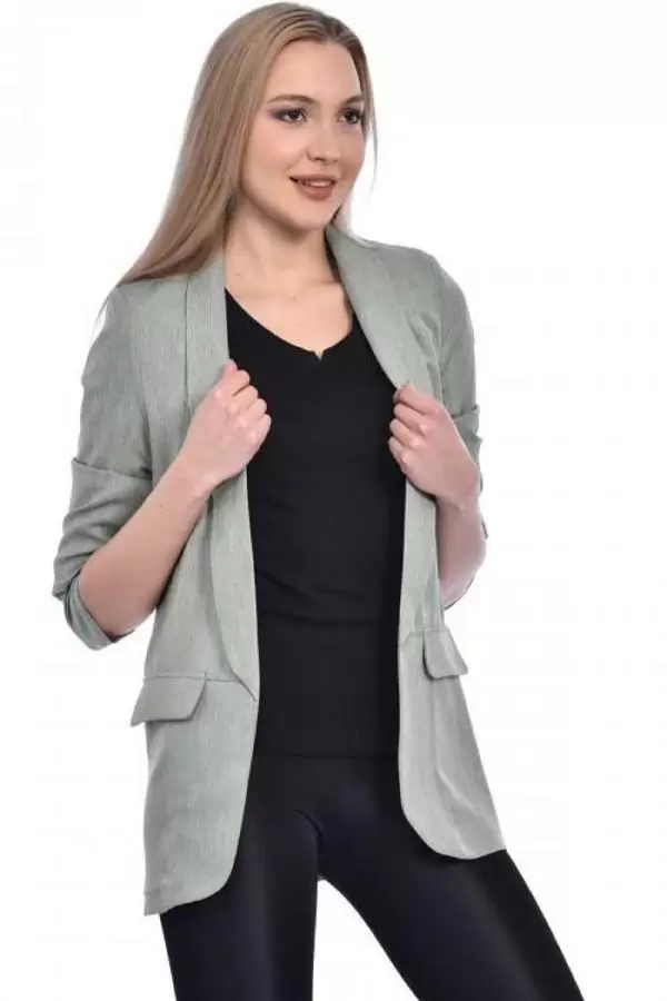 Kol Büzgülü Düğmeli ve Yandan Cepli Blazer Mint Yeşil Kadın Ceket