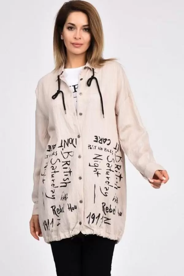 Kolları Katlanabilir Penyeli ve Bağcıklı Bej Kadın Gömlek