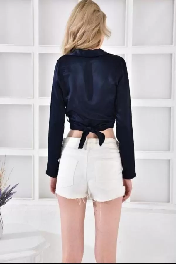 Kruvaze Yaka Bağcıklı Asimetrik Lacivert Kadın Bluz