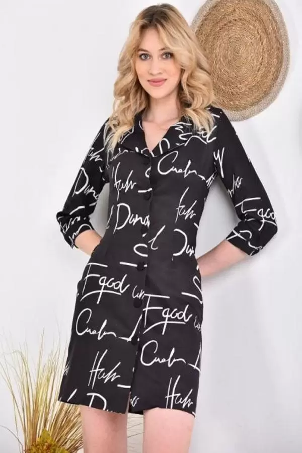 Kruvaze Yaka Düğme Kuşak ve Baskılı Siyah Kadın Elbise