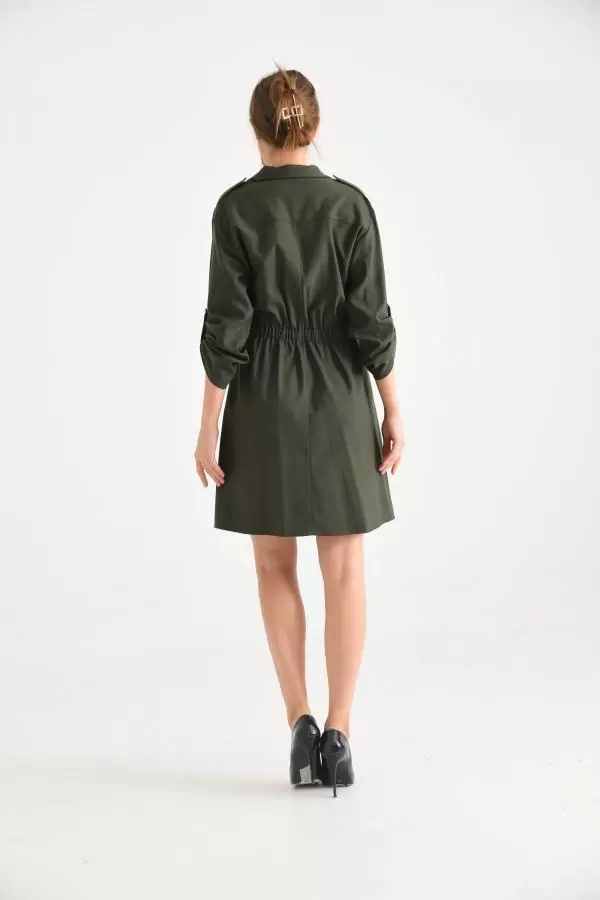 Kruvaze Yaka Düğmeli Belden Lastikli Haki Kadın Elbise