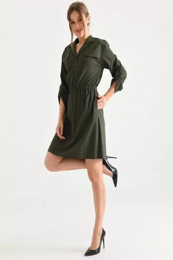 Kruvaze Yaka Düğmeli Belden Lastikli Haki Kadın Elbise