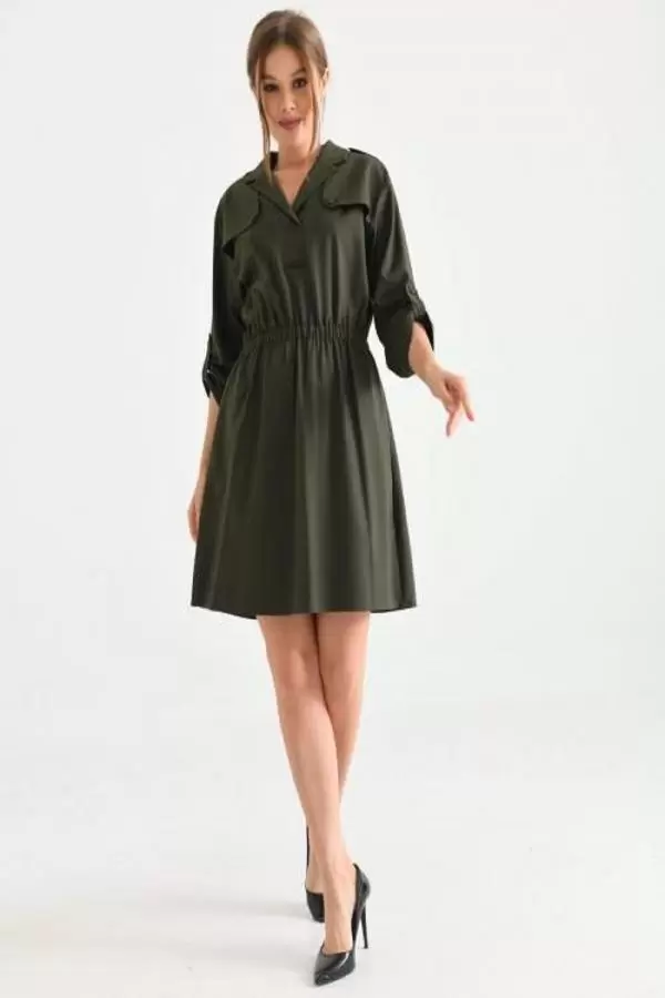 Kruvaze Yaka Düğmeli Belden Lastikli Haki Kadın Elbise