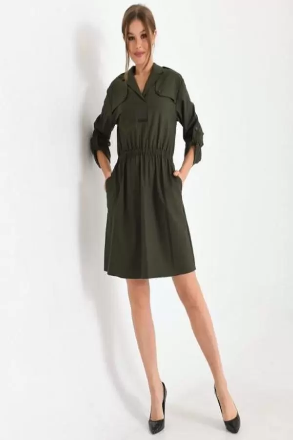 Kruvaze Yaka Düğmeli Belden Lastikli Haki Kadın Elbise