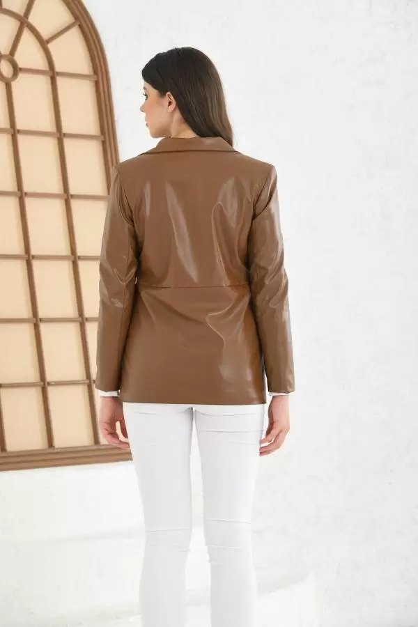 Kruvaze Yaka Kahverengi Kadın Deri Ceket