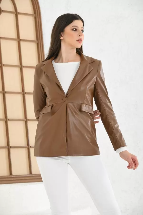Kruvaze Yaka Kahverengi Kadın Deri Ceket