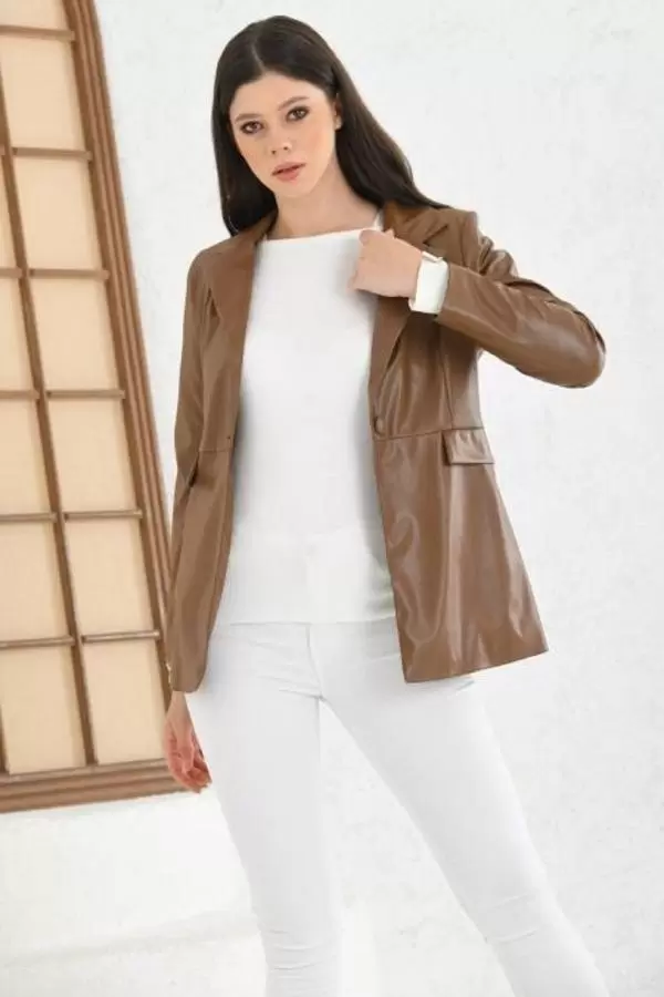 Kruvaze Yaka Kahverengi Kadın Deri Ceket