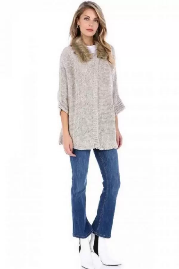 Kürklü Kısa Yarasa Kollu Bej Kadın Triko Hırka