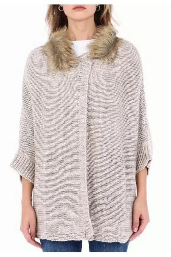 Kürklü Kısa Yarasa Kollu Bej Kadın Triko Hırka