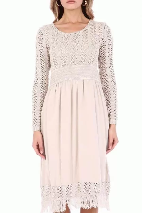 Kuş Gözlü Saçaklı Bej Triko Kadın Elbise