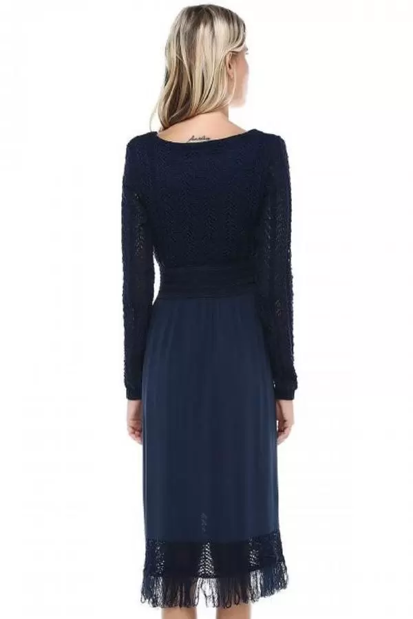 Kuş Gözlü Saçaklı Lacivert Triko Kadın Elbise