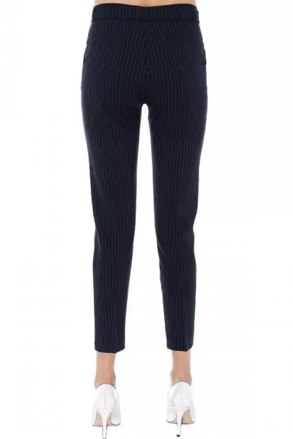 Kuşaklı Beyaz Çizgili Lacivert Bilek Kadın Pantolon