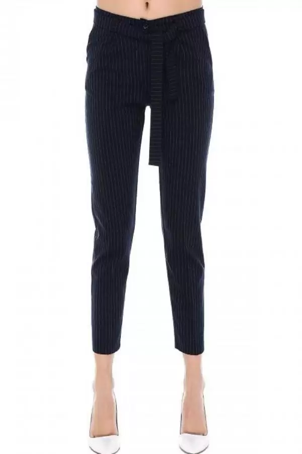 Kuşaklı Beyaz Çizgili Lacivert Bilek Kadın Pantolon