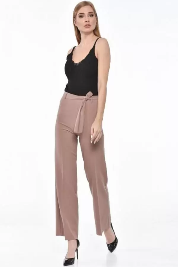 Kuşaklı Bol Paça Kahve Kadın Pantolon