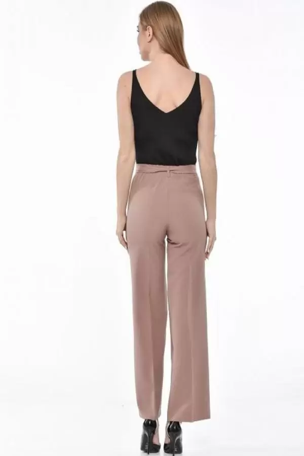 Kuşaklı Bol Paça Kahve Kadın Pantolon