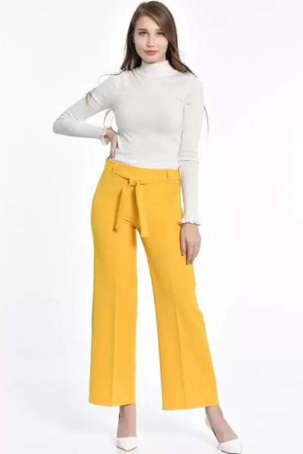 Kuşaklı Bol Paça Sarı Kadın Pantolon