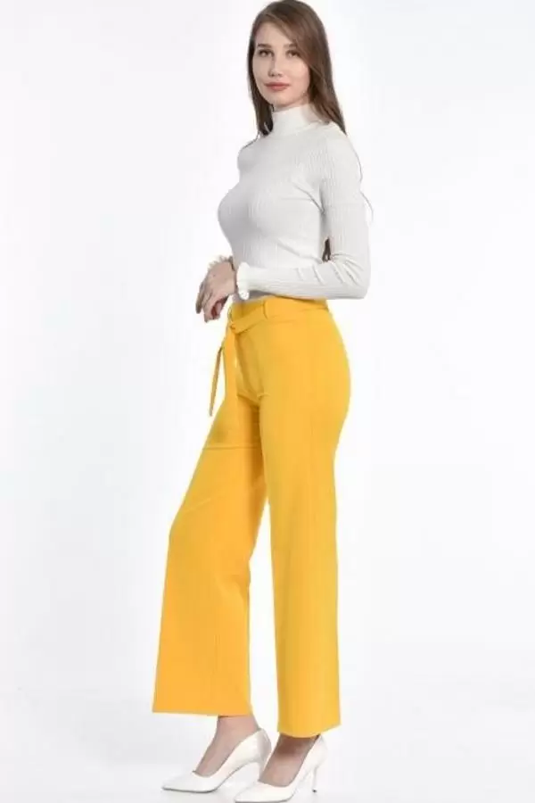 Kuşaklı Bol Paça Sarı Kadın Pantolon