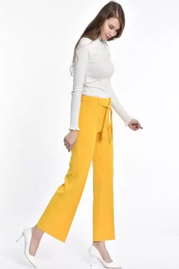 Kuşaklı Bol Paça Sarı Kadın Pantolon