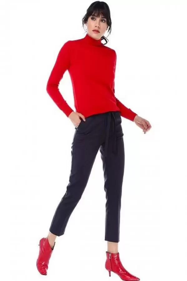 Kuşaklı Bordo Çizgili Füme Bilek Kadın Pantolon