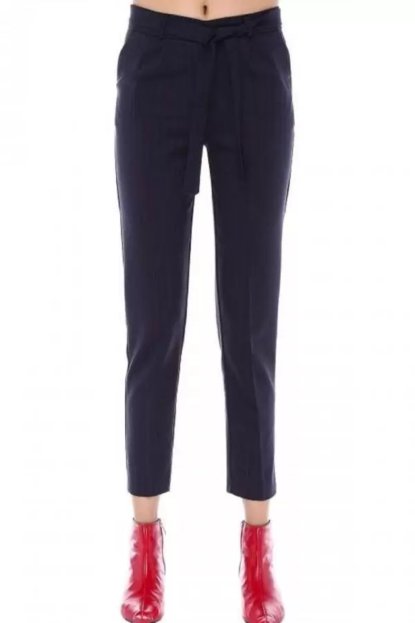 Kuşaklı Bordo Çizgili Füme Bilek Kadın Pantolon