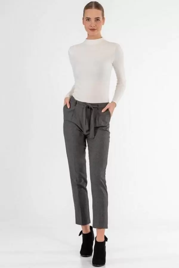 Kuşaklı Çizgili Füme Bilek Kadın Pantolon