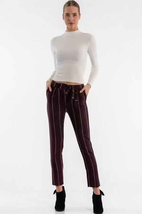 Kuşaklı Çizgili Gül Kurusu Bilek Kadın Pantolon