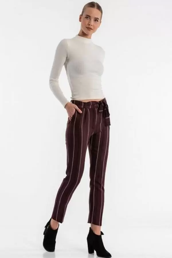 Kuşaklı Çizgili Gül Kurusu Bilek Kadın Pantolon