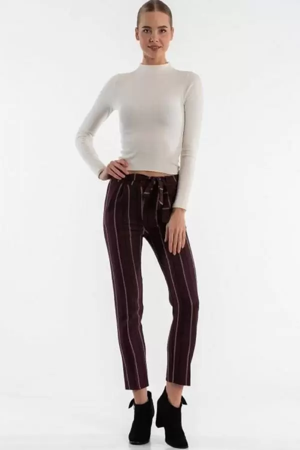 Kuşaklı Çizgili Gül Kurusu Bilek Kadın Pantolon