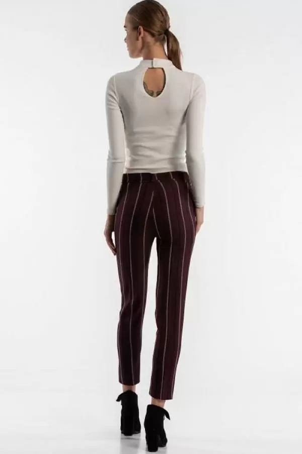 Kuşaklı Çizgili Gül Kurusu Bilek Kadın Pantolon