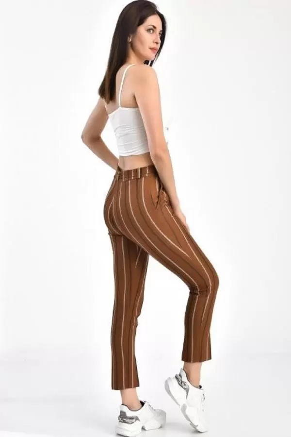 Kuşaklı Kiremit Çizgili Bilek Kadın Pantolon