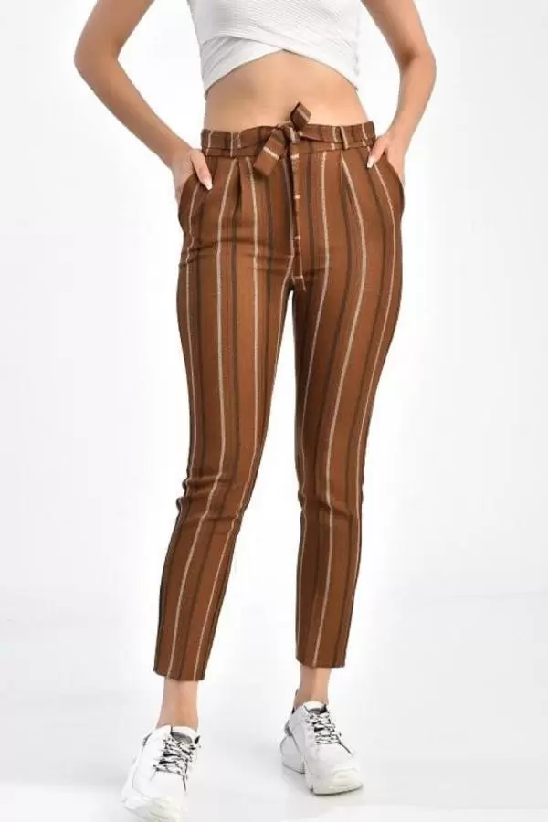 Kuşaklı Kiremit Çizgili Bilek Kadın Pantolon