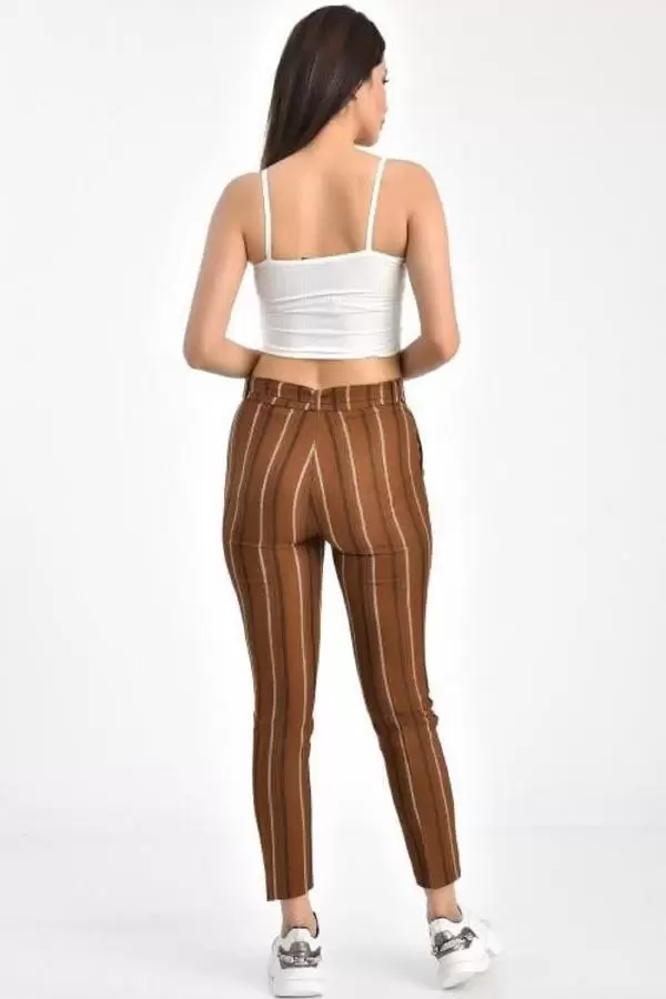 Kuşaklı Kiremit Çizgili Bilek Kadın Pantolon