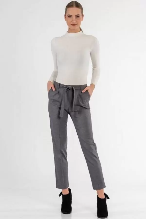 Kuşaklı Kuş Gözü Gri Bilek Kadın Pantolon