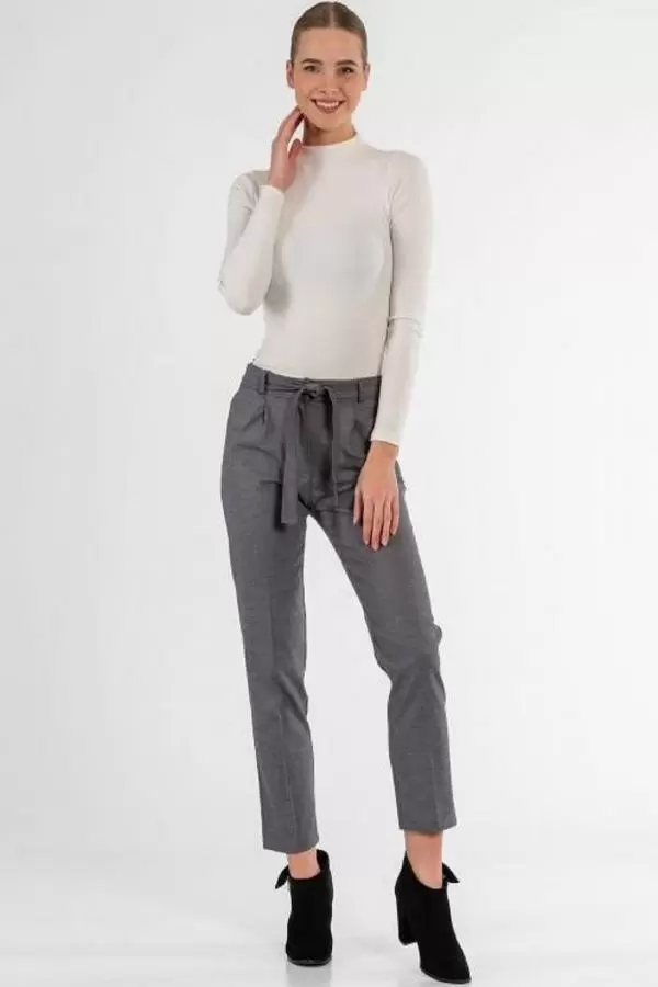 Kuşaklı Kuş Gözü Gri Bilek Kadın Pantolon