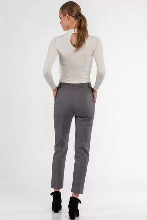 Kuşaklı Kuş Gözü Gri Bilek Kadın Pantolon
