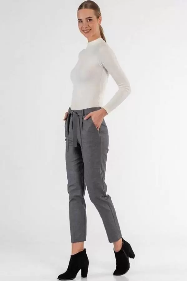 Kuşaklı Kuş Gözü Gri Bilek Kadın Pantolon