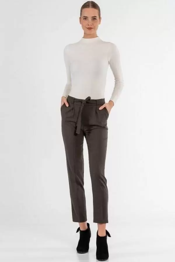 Kuşaklı Kuş Gözü Kahve Bilek Kadın Pantolon