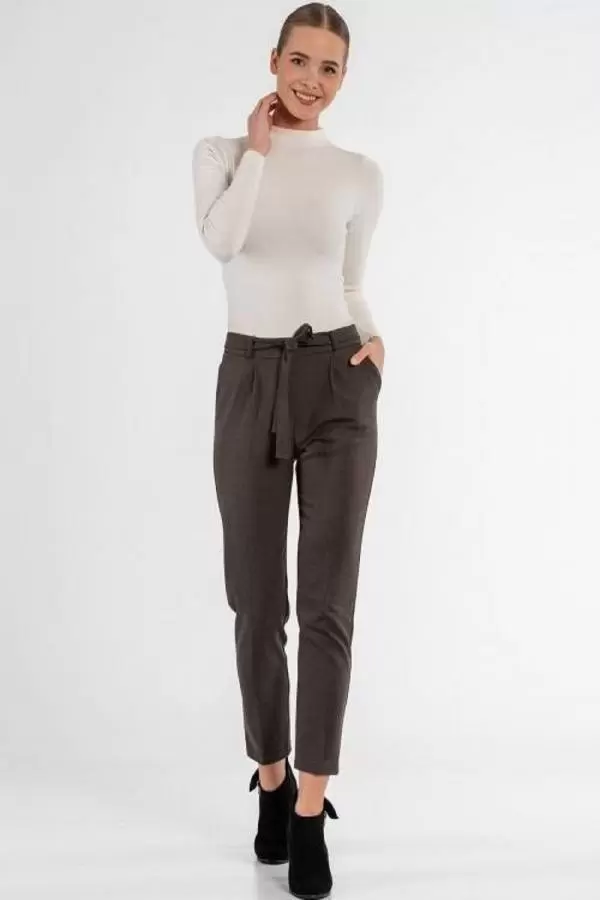 Kuşaklı Kuş Gözü Kahve Bilek Kadın Pantolon