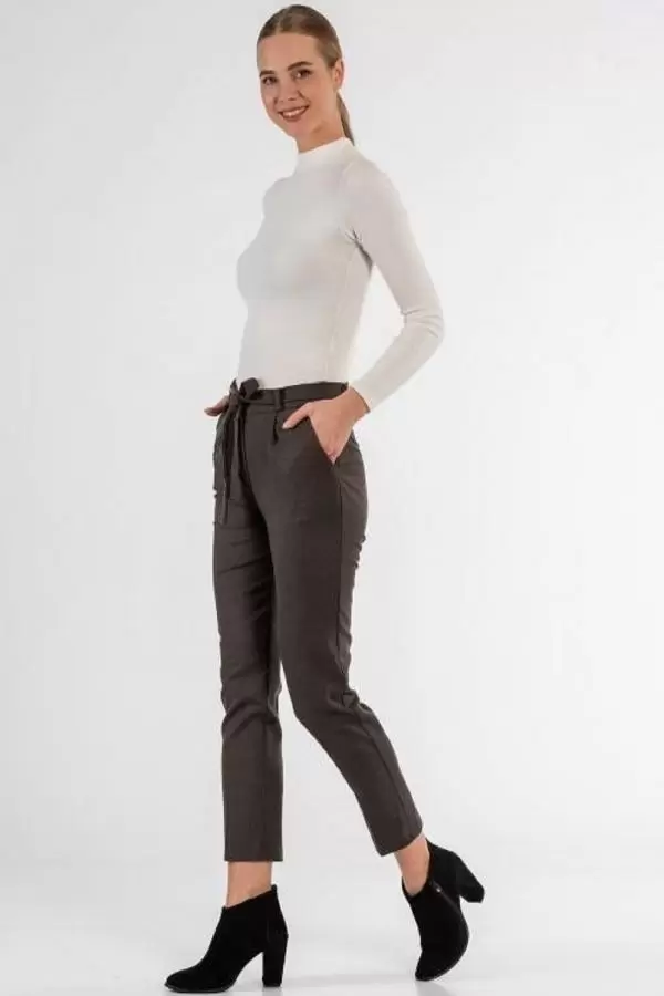 Kuşaklı Kuş Gözü Kahve Bilek Kadın Pantolon