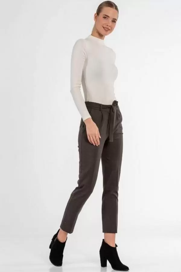 Kuşaklı Kuş Gözü Kahve Bilek Kadın Pantolon