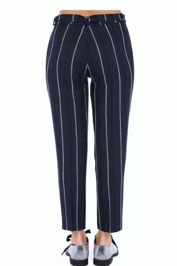 Kuşaklı Lacivert Çizgili Bilek Kadın Pantolon