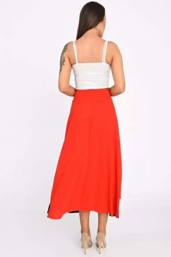 Kuşaklı ve Önden Kapaklı Kırmızı Kadın Etek