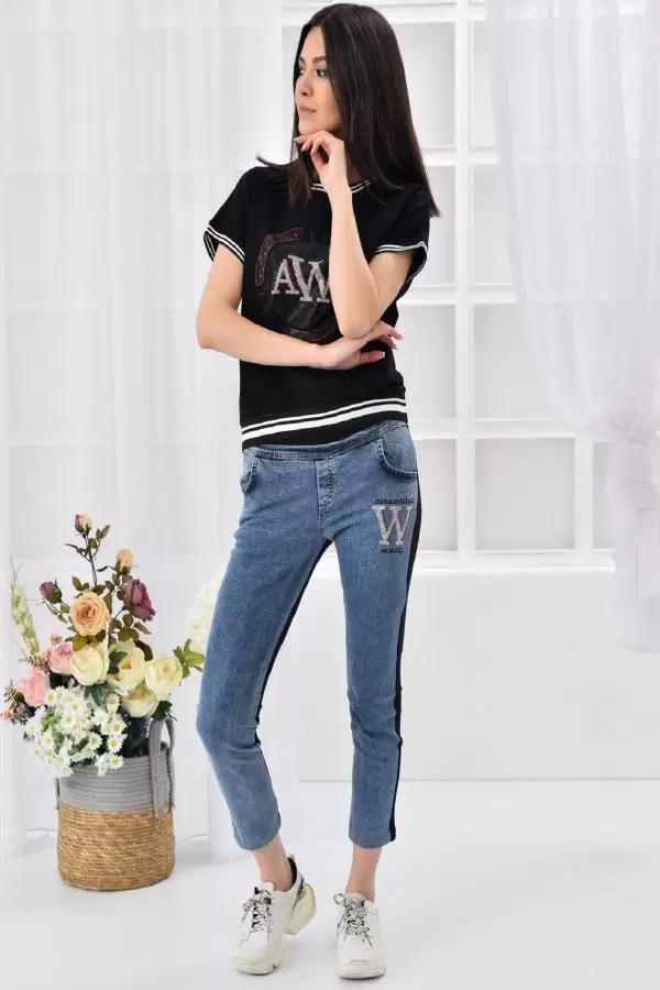 Mavi Kotlu ve Bisiklet Yaka Taş Dizinli Baskılı Kadın Eşofman Takım