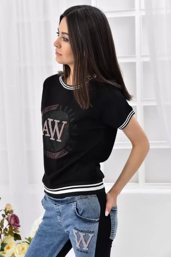 Mavi Kotlu ve Bisiklet Yaka Taş Dizinli Baskılı Kadın Eşofman Takım