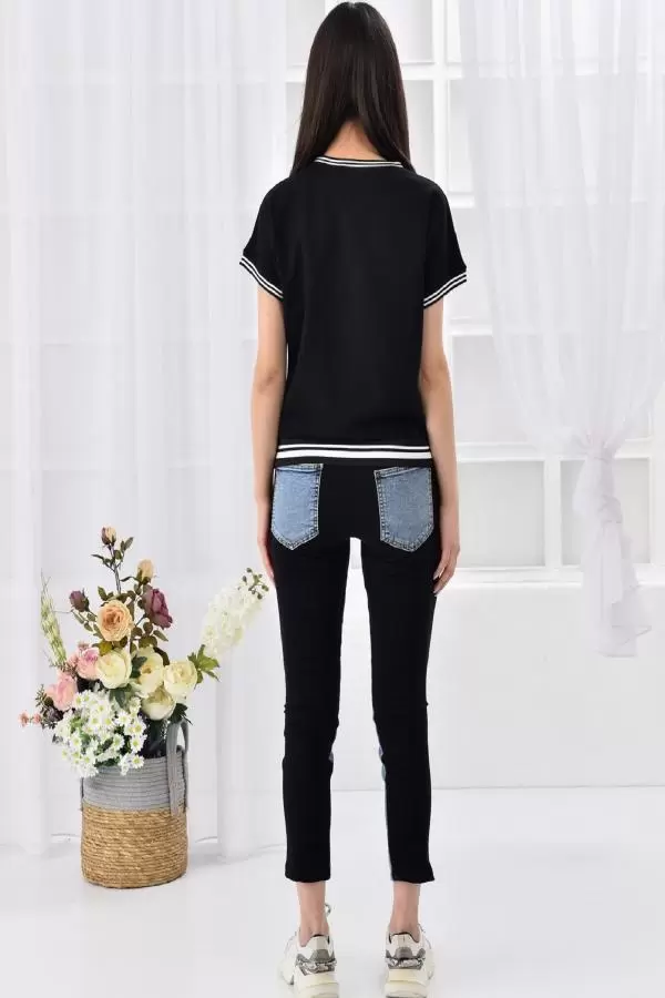 Mavi Kotlu ve Bisiklet Yaka Taş Dizinli Baskılı Kadın Eşofman Takım