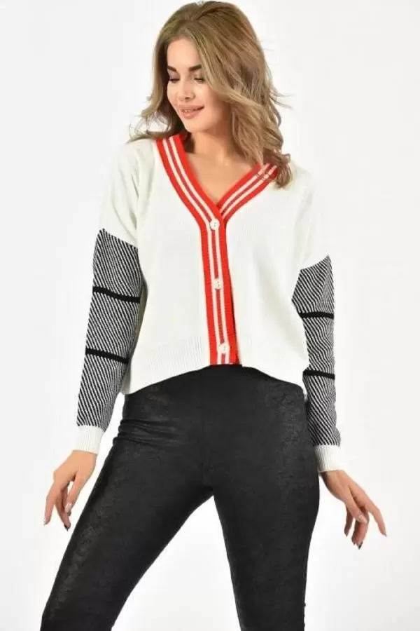 Önden Düğmeli Kırmızı Şeritli V Yaka Kısa Beyaz Kadın Hırka