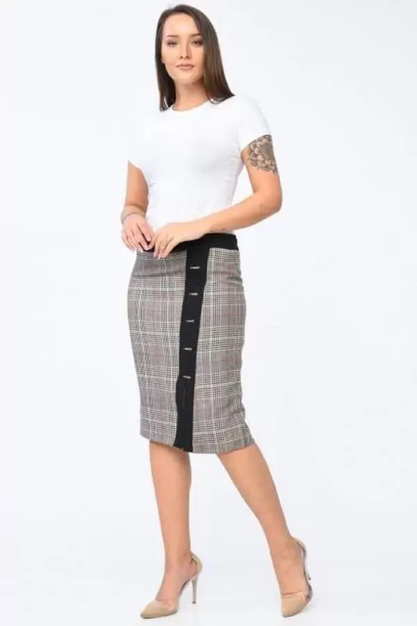 Önden Şeritli Gri Ekose Kadın Etek