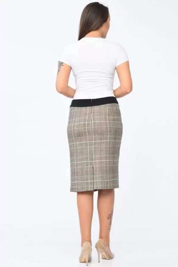 Önden Şeritli Gri Ekose Kadın Etek