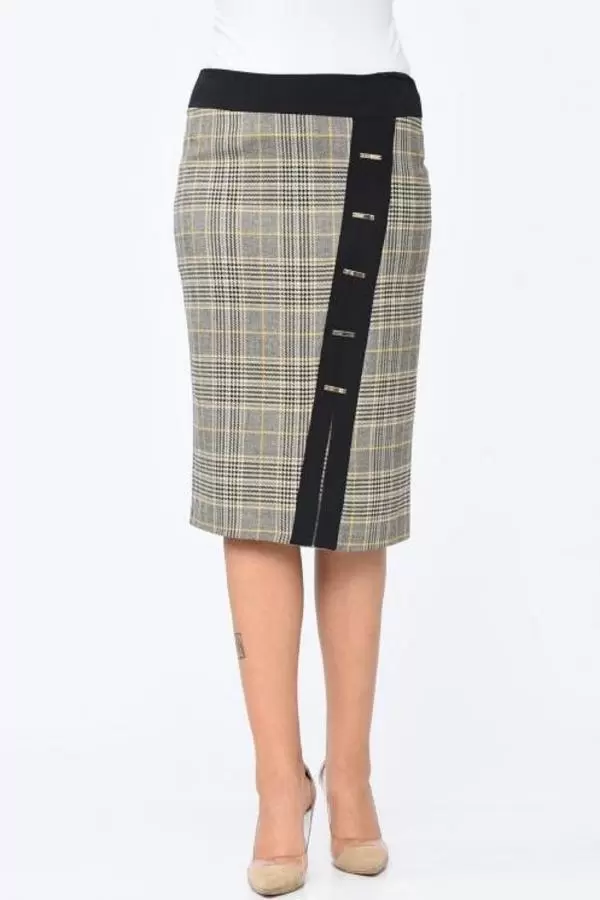 Önden Şeritli Haki Ekose Kadın Etek